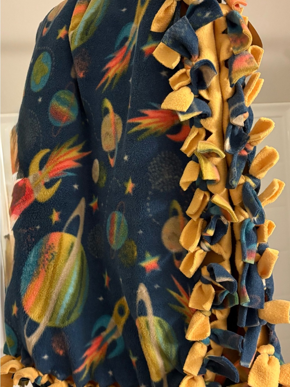 Space Print Fleece Tie-Blanket with Yellow Fringe